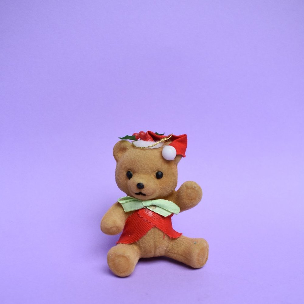 Vintage ornament - Flocked Bear with hat
